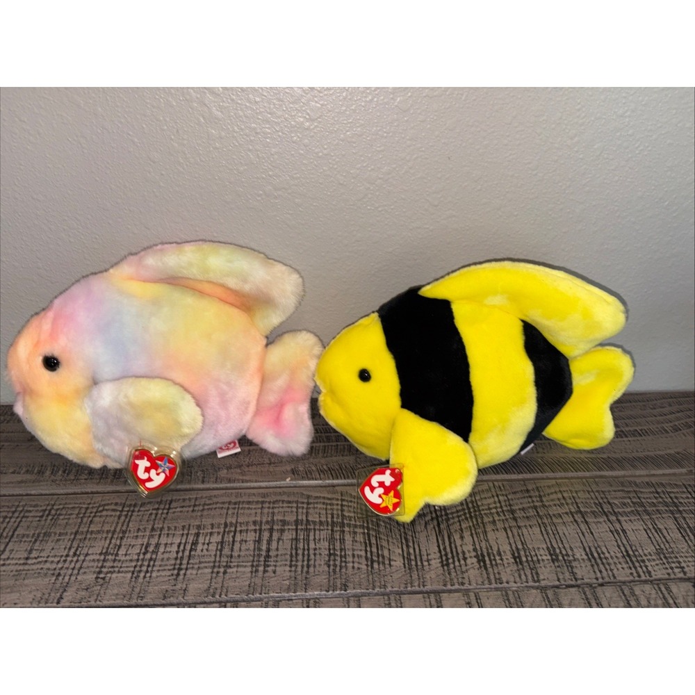 TY Beanie Buddies "Bubbles" Fish 1998 and "Coral" Fish 2000 11"